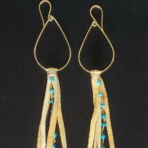 Native American Genuine Leather and Turquoise Dangling Earrings Goldtone Finish